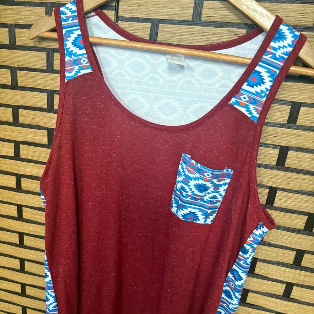 Sunshine & Rodeos Burgundy Aztec Print Tank Size Large - Picture 3 of 5